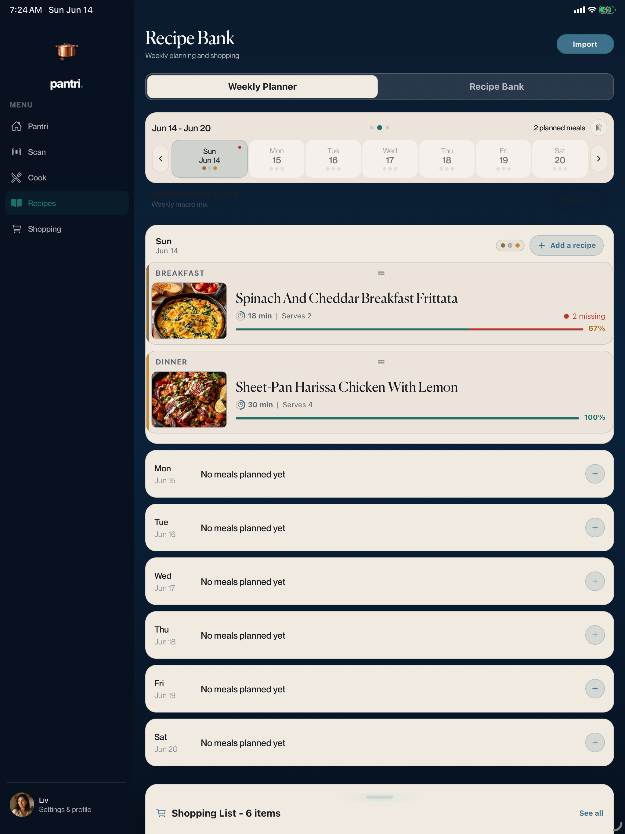 Pantri iPad weekly planner showing a calendar view, recipe bank, and pantry-linked meal planning.