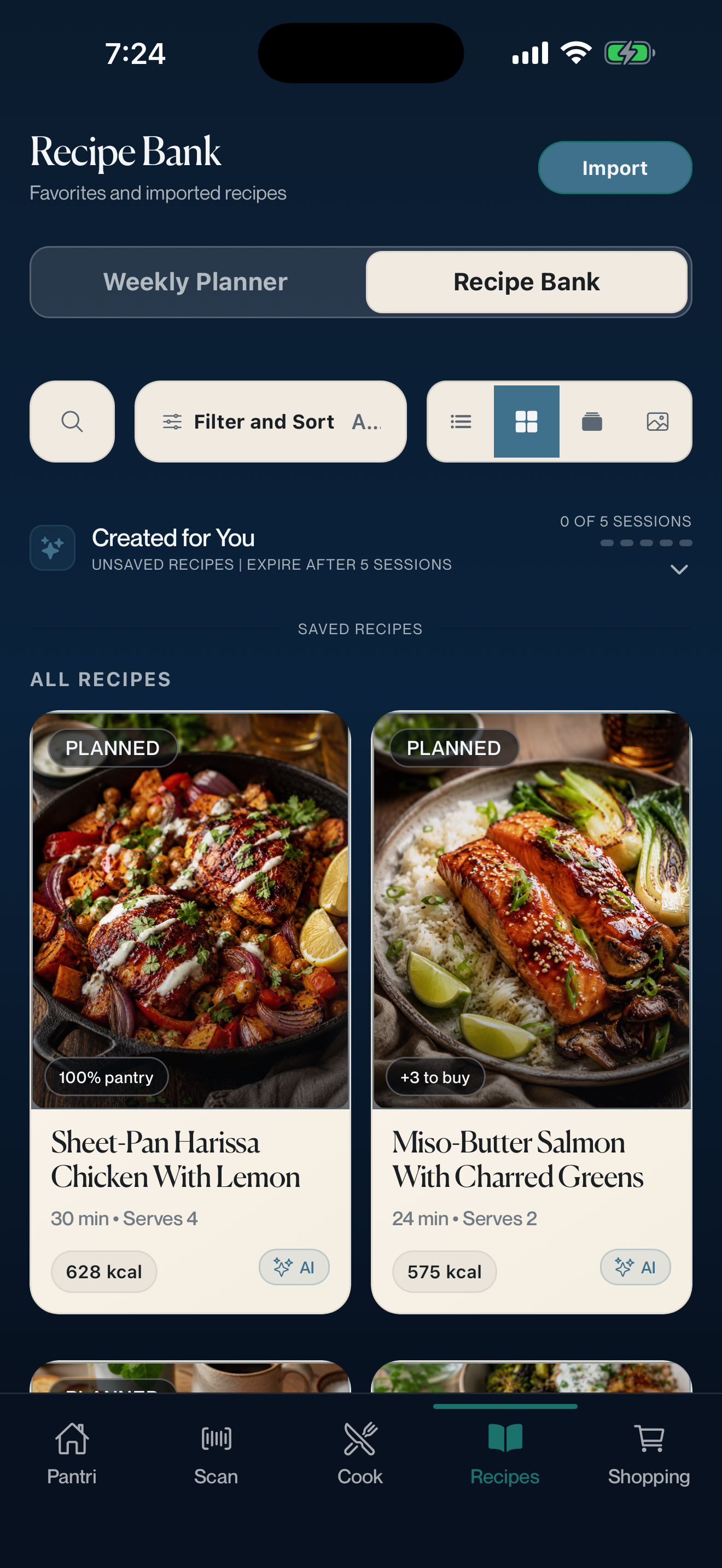 Pantri iPhone recipe bank with saved meal cards ready for planning.