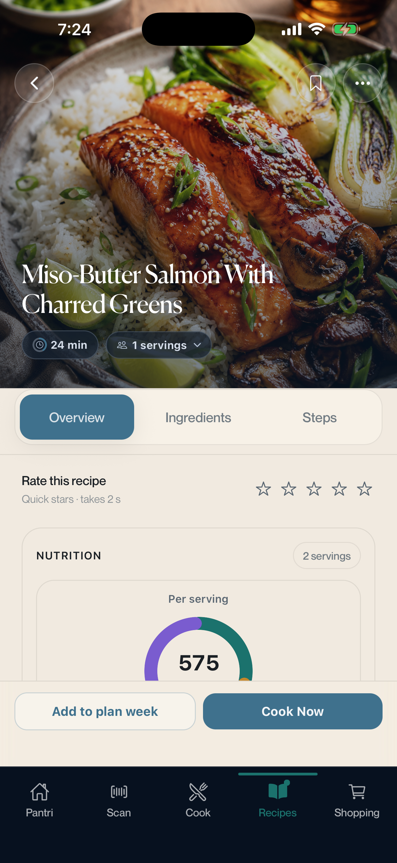 Pantri iPhone recipe detail view for miso-butter salmon with nutrition and cook actions.