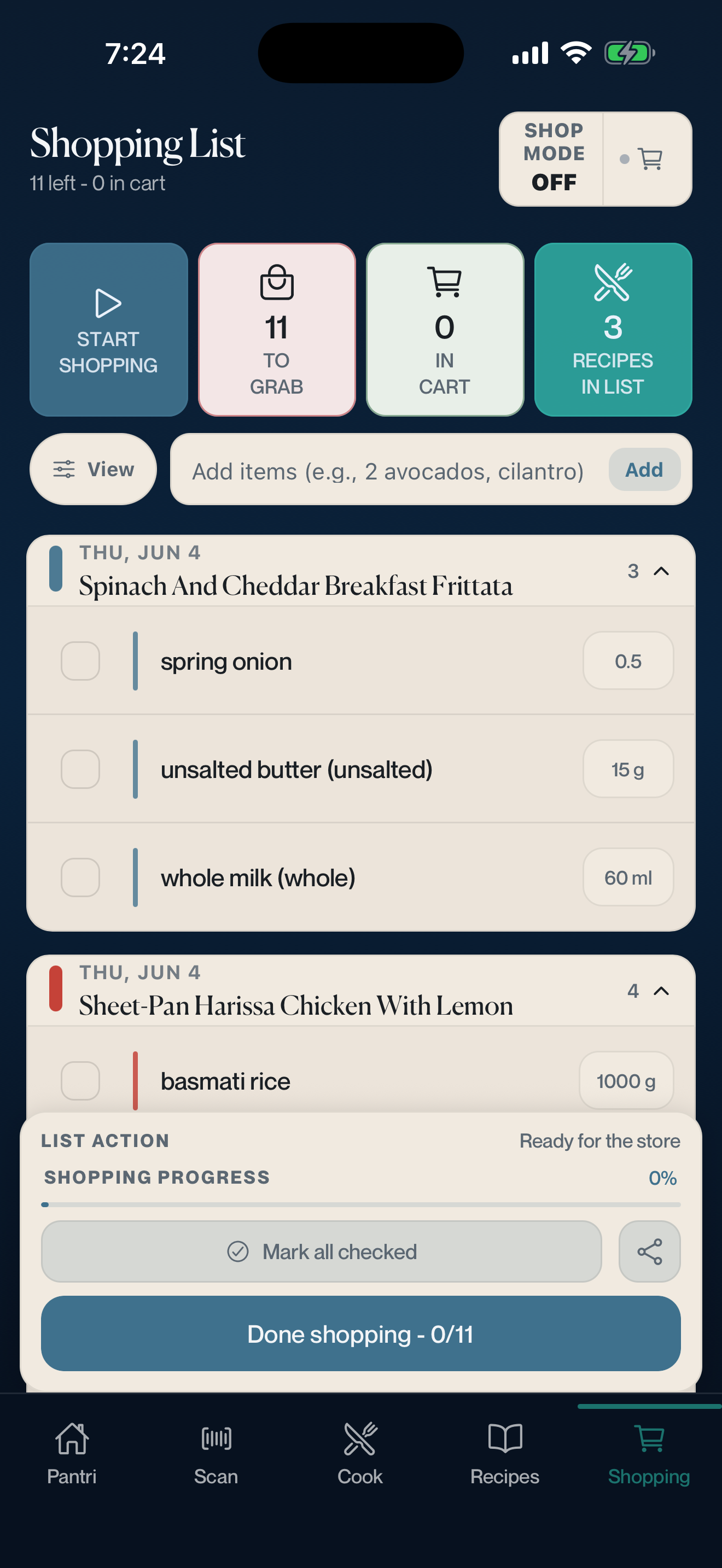 Pantri iPhone shopping list grouped around planned recipes and store mode.