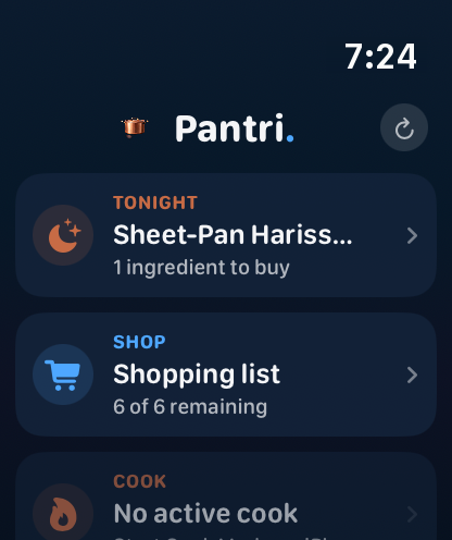 Pantri Apple Watch home view with tonight, shopping, and cook glanceable status.